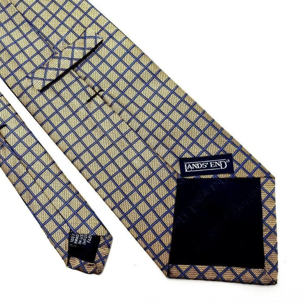 Lands End‎ Silk Tie Gold Blue Woven Geometric USA